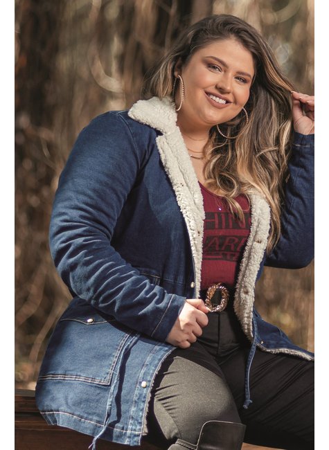 Parka Jeans Forrada com Pelo Jeans Escuro - Geração Moderna