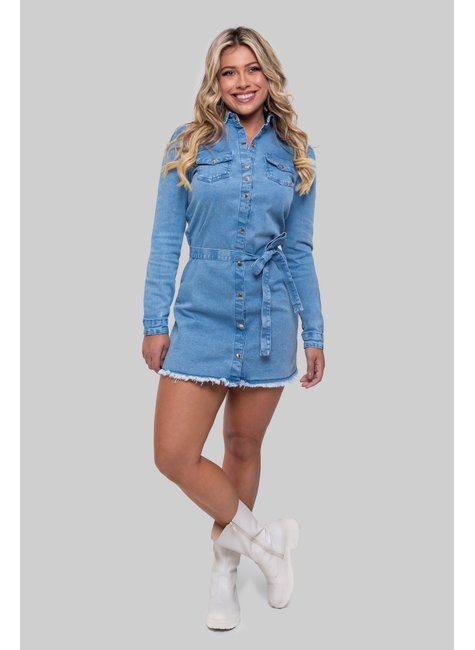 Vestido Feminino Vestido Jeans Com Manga Comprida Quintess Vestido