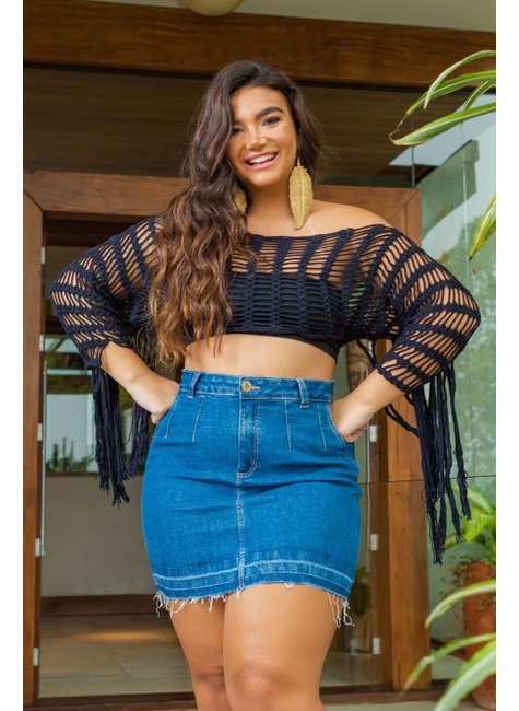 Saia Jeans Hot Pants com Detalhes na Barra Geração Moderna