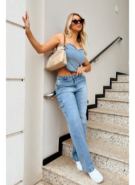 Calça Jeans Wide Leg Cargo Bolso Faca Jeans Médio
