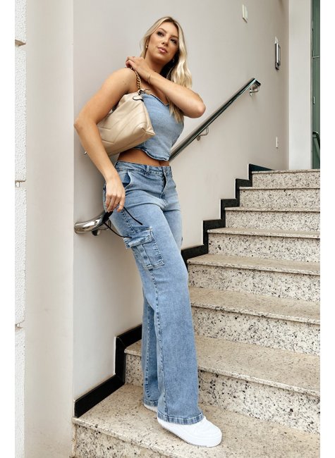 Calça Jeans Wide Leg Cargo Bolso Faca Jeans Médio
