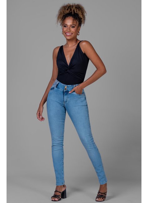 Calça Jeans Skinny dois Botões Efeito Chapa Barriga Jeans Claro