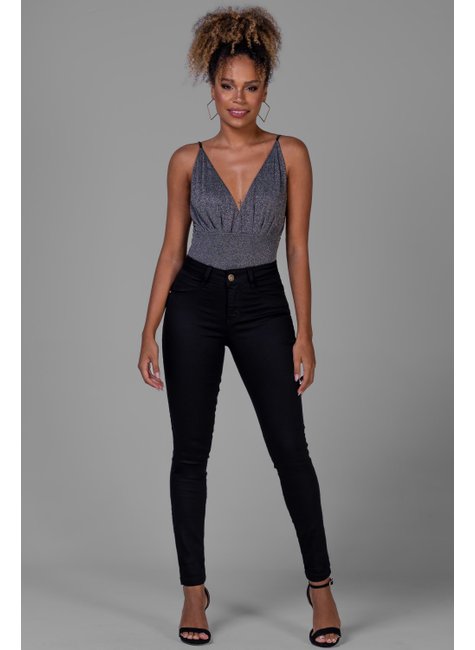 Calça Jeans Skinny Preta Não Desbota Efeito Chapa Barriga Preto