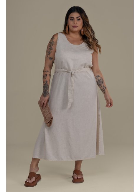 Vestido Midi Moda Plus Size Linho VESTIDO MIDI DE LINHO Linho Cru